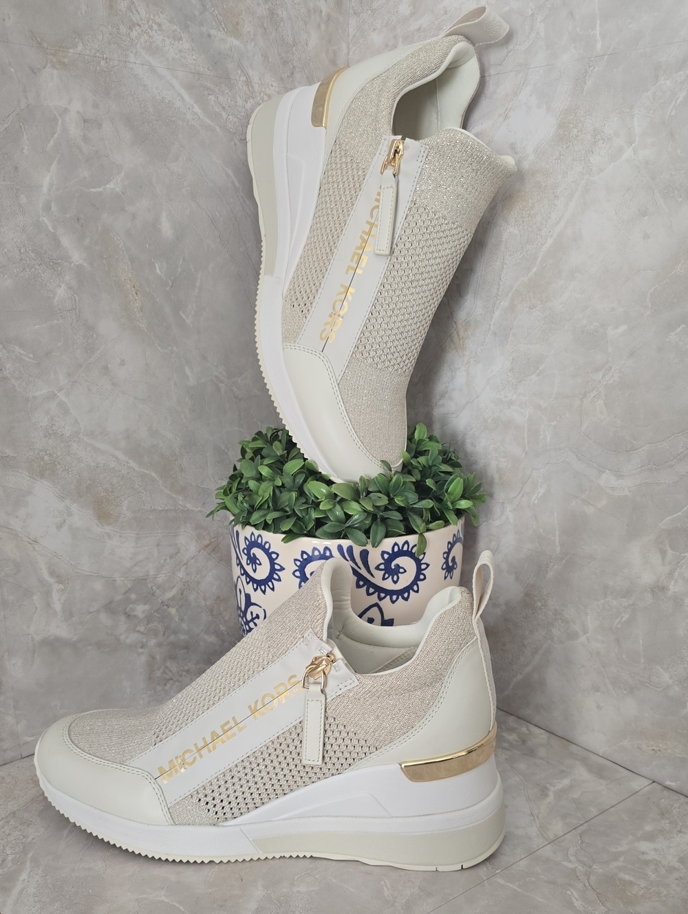 Michael Kors Willis Metallic Stretch Knit Wedge Trainer Sneakers Champagne 7.5